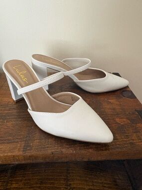 Lulu's White Pointed Strap Block Heels
